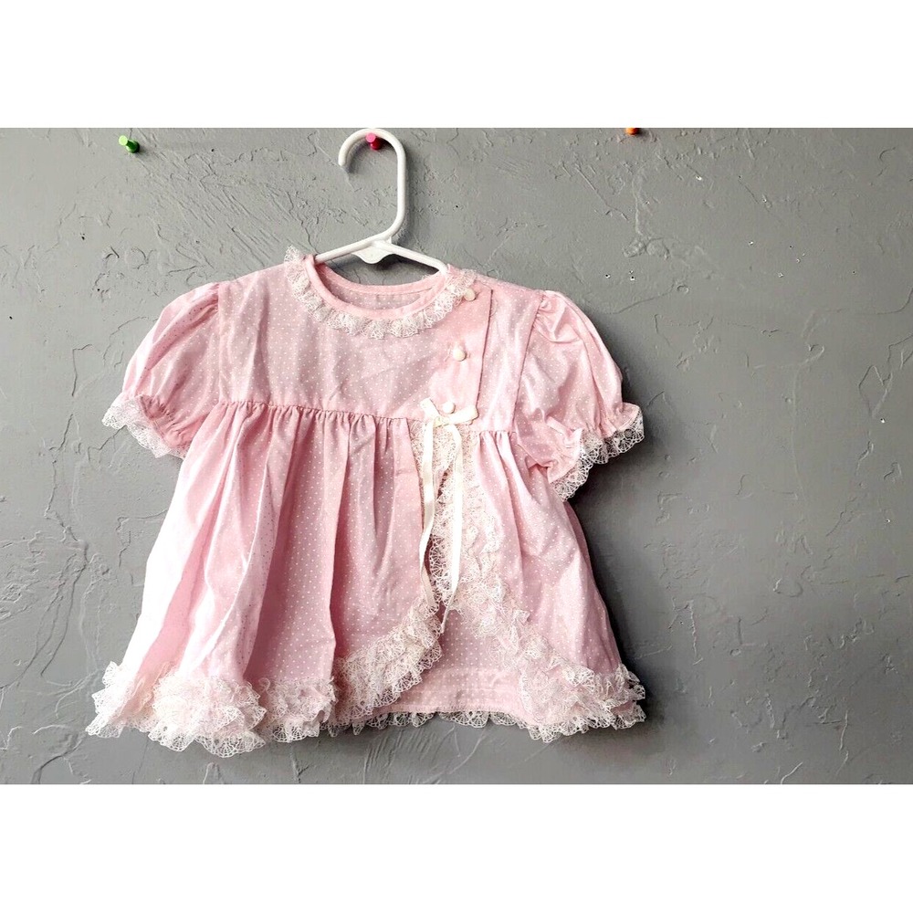 Vintage Sweet Treats Baby Girls Pink & White Dot Ruffle Dress Size 24Month‎